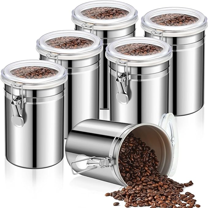 Lallisa 12 Pcs Stainless Steel Kitchen Canister 62 fl oz with Airtight Clear Clamp Lid, Metal Food Storage Container Set for Coffee Bean Ground Coffee Flour Sugar Spice Tea Cereal Snack Candy Pantry