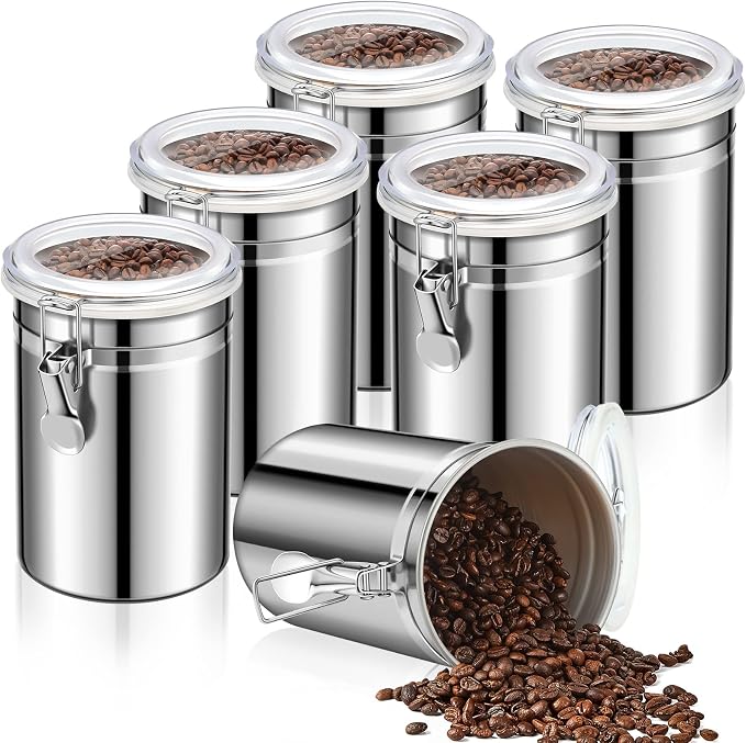 Lallisa 6 Pcs Stainless Steel Kitchen Canister 62 fl oz with Airtight Clear Clamp Lid, Metal Food Storage Container Set for Coffee Bean Ground Coffee Flour Sugar Spice Tea Cereal Snack Candy Pantry