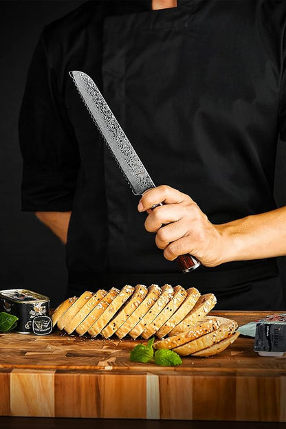 FANTECK Bread Knife,8" Serrated Kitchen Knife, VG10 Damascus Pro High Carbon Stainless Steel 67-Layer Knife for Homemade Bread,Razor Sharp Edge for Efficient Slicing Sourdough Bread, Bagels, Cake