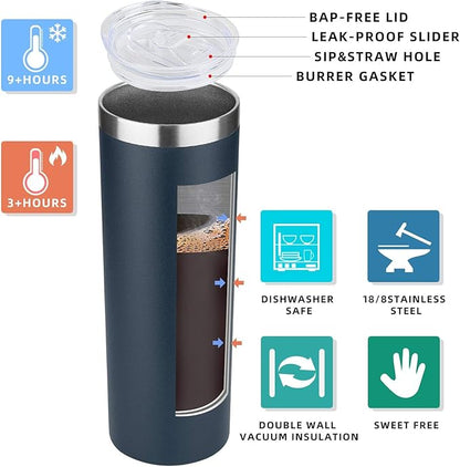 HASLE OUTFITTERS 20 oz Skinny Tumbler, Stainless Steel Insulated Slim Tumbler with Lid, Reusable Double Wall Travel Coffee Mug, Durable Powder Coated Travel Water Cup(Navy, 1)