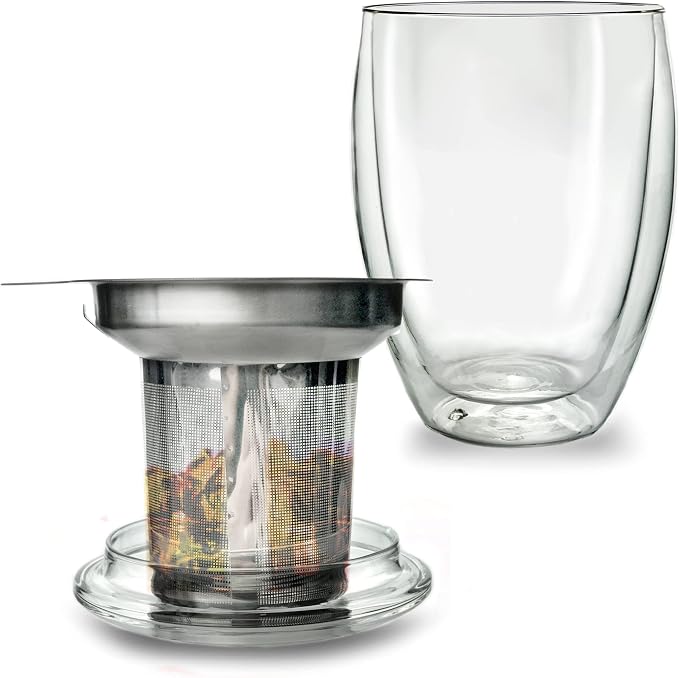 Creano Double Walled Tea Glass with Stainless Steel Filter and Glass Lid - 14oz (400ml)
