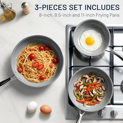 Kikcoin Non Stick Frying Pans, 3 Pack Ceramic Frying Pan for Cooking, 8+9.5+11 Inch Omelette Pans Set with Stay Cool Handle, Induction Ready, Free of PFAS PFOA PTFE, Oven/Dishwasher Safe