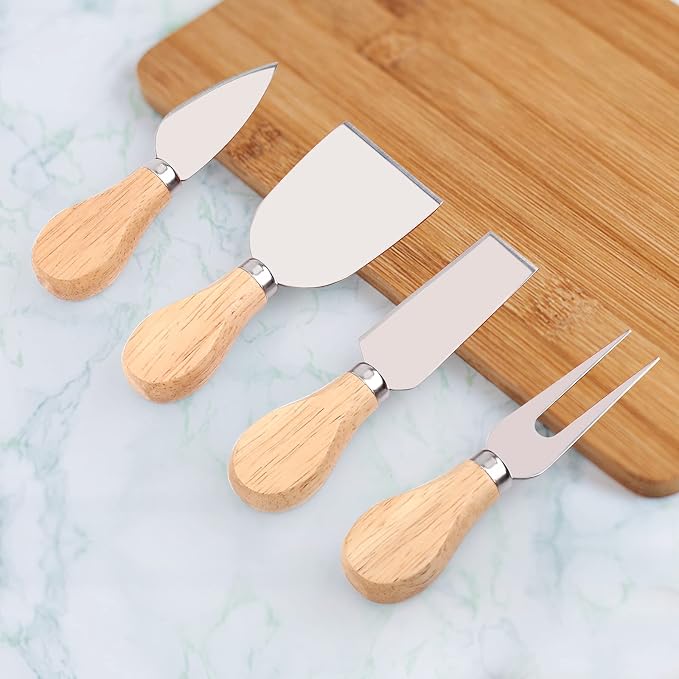 UUBAAR 4 PCS Cheese Knife Set for Charcuterie Board, Wood Handle Stainless Steel Cheese Slicer & Cutter Utensils with Mini Knife, Butter Knife, Fork
