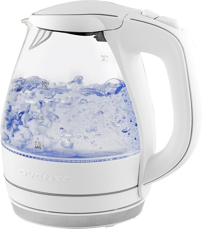 OVENTE Electric Kettle,1.5L Borosilicate Glass Countertop Water Heater & Boiler for Coffee or Tea,BPA-Free,Auto Shut-Off,Boil-Dry Protection,Removable & Washable Spout Filter,White KG83W,(Pack of 8)