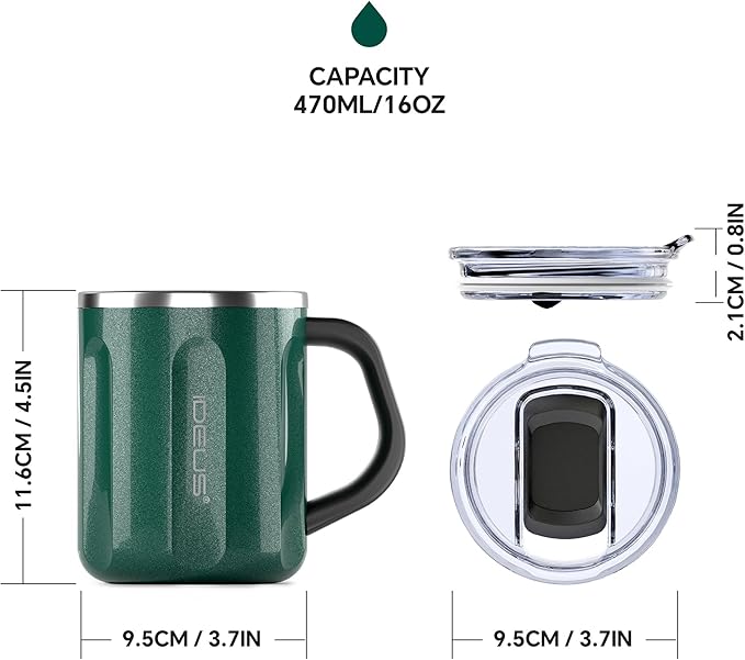 Ideus 16 oz Coffee Cup, Stainless Steel Coffee Travel Mug, Spill Proof Tea Mug with Handle and Lid, Lightweight and Durable, Great for Office Home and Outdoor Use, Deep Green-FUJI FLOW