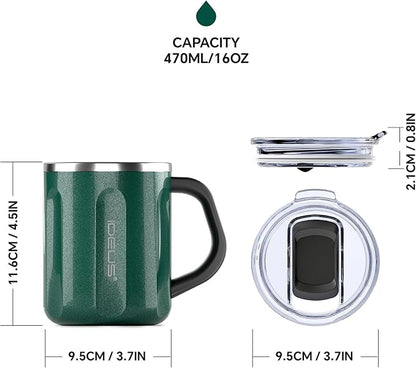 Ideus 16 oz Coffee Cup, Stainless Steel Coffee Travel Mug, Spill Proof Tea Mug with Handle and Lid, Lightweight and Durable, Great for Office Home and Outdoor Use, Deep Green-FUJI FLOW