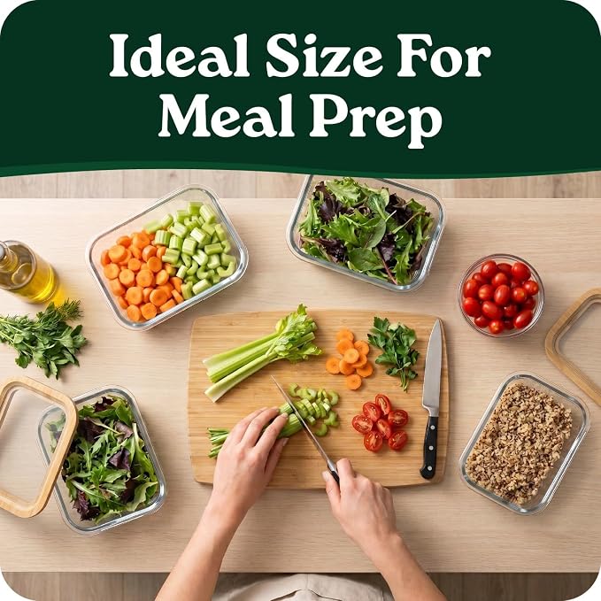 6-Pack Glass Food Storage Containers with Clear-Top Bamboo Lids – Plastic Free 27 Oz Glass Meal Prep Containers for Lunch, Eco Friendly Airtight Food Storage, Microwave & Oven Safe