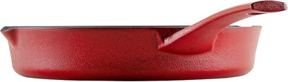Rachael Ray NITRO Cast Iron Frying Pan/Skillet with Helper Handle and Pour Spouts, 10 Inch, Red