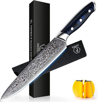 FANTECK Chef Knife 8 Inch Japanese Damascus Kitchen Knife, VG10 Super Steel 67 Layer High Carbon Professional Kitchen Chef Knives,Full Tang Ergonomic G10 Handle-with Sheath & Sharpener