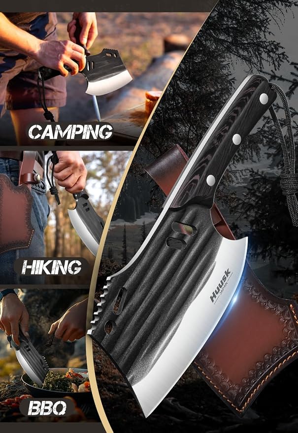 Huusk Butcher Knife for Meat Cutting, Japanese Meat Cleaver with Sheath, Hand Forged Chopping Knife with Full Tang Handle, Heavy Duty Bone Cleaver for Cooking Camping, Gifts Idea Men
