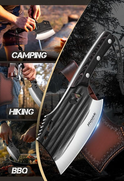 Huusk Butcher Knife for Meat Cutting, Japanese Meat Cleaver with Sheath, Hand Forged Chopping Knife with Full Tang Handle, Heavy Duty Bone Cleaver for Cooking Camping, Gifts Idea Men