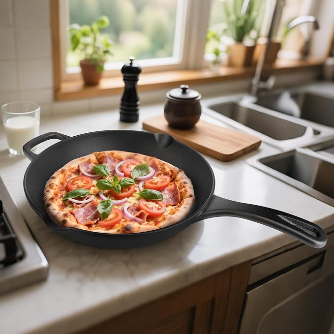 12 Inch Cast Iron Skillet, Pre-Seasoned, Dual Pour Spouts | Pre-seasoned 12" family skillet for steaks & one-pan meals. Serves 3-4. Dual pour spouts. No lid. Induction & oven safe.