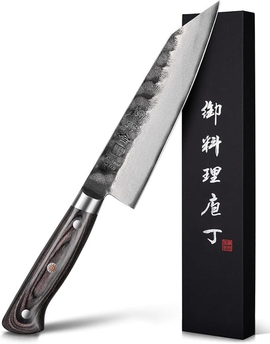 kanngou Japanese Chef Knife AUS-8 Alloy Steel 7 Inch Kiritsuke Knife, Razor Sharp Kitchen Cooking Knife with Full-Tang Black Pakkawood Handle and Gift Box