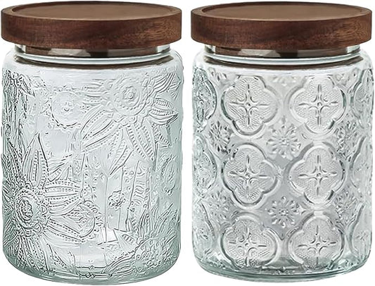 24 OZ Airtight Glass Storage Jar with Bamboo Lid - Vintage Glass Jar Vintage Food Containers Canisters Set for Kitchen Counter & Pantry - Ideal for Sugar, Flour, Coffee, Tea, Candy, Oats -2 Pack