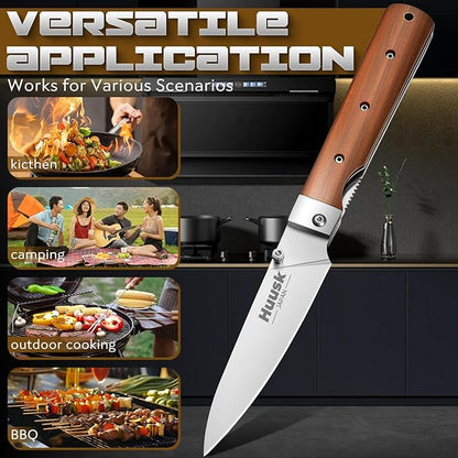 Huusk Folding Chef Knife Set - Including Nakiri, Santoku, Bread and Fruit Knives - EDC Kitchen Knife Set with 440C Stainless Steel Ultra Sharp Blade - Japanese Pocket Knives - Gifts for Men and Women