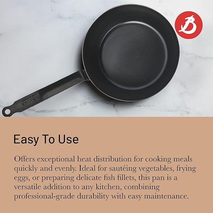 de Buyer - Blue Carbon Steel Fry Pan 2mm Thick - 11” Diameter, 7.7” Cooking Surface - Oven Safe - Naturally Non-Stick Finish - Made in France