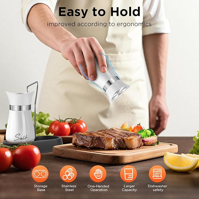 Salt and Pepper Shakers, Farmhouse Salt and Pepper Shakers Set with Holder, electroplated Handle, 4 oz Stainless Steel Glass Bottle Dispenser, for Table, RV, Camp, BBQ (White)