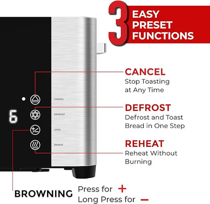 Mueller UltraToast Stainless Steel Toaster 4 Slice – Extra-Wide 1.6" Slots for Artisan Bread, Bagels & Frozen Waffles, 6 Browning Levels, LED Display, Cancel/Defrost/Reheat, Removable Crumb Tray