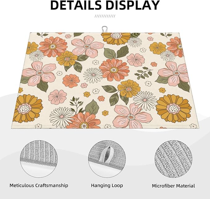 Absorbent Dish Drying Mat For Kitchen Counter, Pink Flowers Microfiber Dish Drying Pad, Kitchen Gadgets For Easy Clean Multi-Use