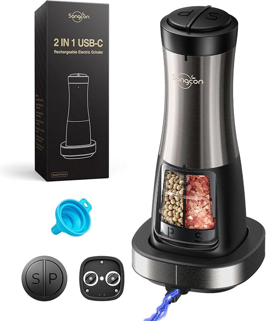 Sangcon 2-in-1 Rechargeable Salt and Pepper Grinder, USB-C Charging Base, One-Handed Automatic Grinder with Adjustable Coarseness & Light, Dual-Chamber Refillable Mill, Housewarming Gifts for Cooks