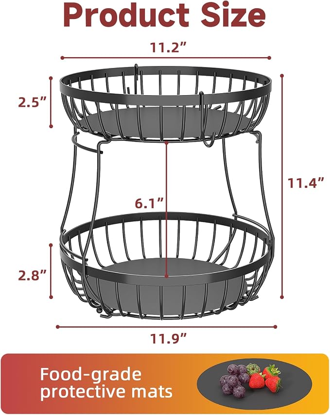 Sevenblue 2 Tier Fruit Basket for Kitchen Counter with 2 Banana Hangers, 2026 Pro Detachable Metal Fruit Bowl with Wooden Handle,Fruit Holder for Bread Snack Veggies, Black Extra Large