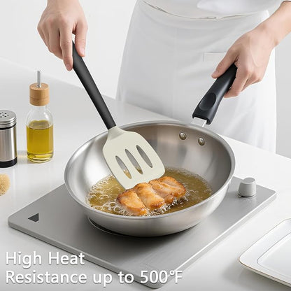 Coukre 3 Pack Silicone Spatula Set, High Heat Resistant, BPA-Free, Fish Spatula, Solid & Slotted Turner for Non-Stick Pans, Flipping Eggs, Pancakes, Fish, Burgers (3, BeigeBlack)