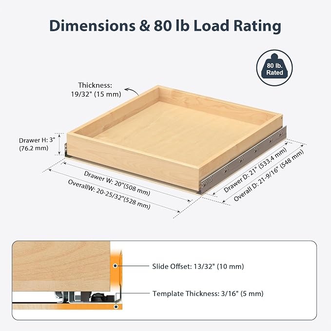 Pull Out Drawers for Kitchen Cabinets 20" W x 21" D Birch Wood | Pull-Out Cabinet Drawer, Slide Out Shelf, Concealed Soft-Close Full-Extension Slides, Bottom & Side Mount, 80 lb Heavy-Duty