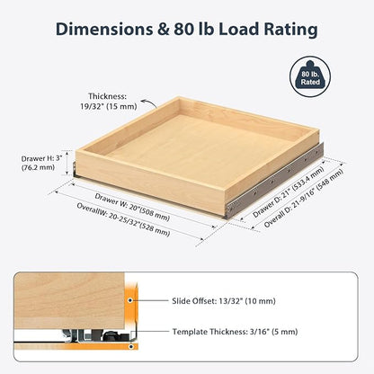 Pull Out Drawers for Kitchen Cabinets 20" W x 21" D Birch Wood | Pull-Out Cabinet Drawer, Slide Out Shelf, Concealed Soft-Close Full-Extension Slides, Bottom & Side Mount, 80 lb Heavy-Duty