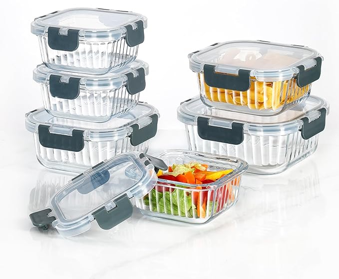 Glass Fluted Ombre grey Leak-Proof 6-Piece Set Food Storage Containers, Food Containers with Lids, Meal Prep Containers. (Square)