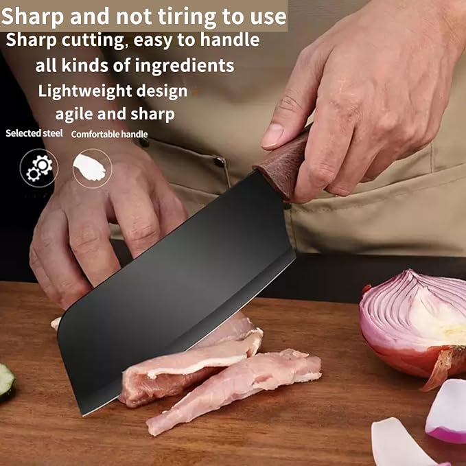3-Piece Black Non-Stick Kitchen Knife Set, Rust Resistant Stainless Steel Chef Slicing Paring Knives, Comfort Wood Handle Cutlery for Home Camping BBQ, Housewarming Cooking Gift