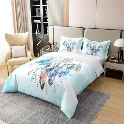 Girly Dream Catcher 100% Organic Cotton Duvet Cover Set Watercolor Feather Retro Style Comforter Cover Set for Kids Children Room Marble Texture Tie Dye Bedding Set Queen Size 3 Pcs(No Comforter)