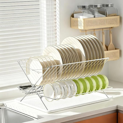 Over The Sink Dish Drying Rack, 3 Tier Large Capacity Stainless Steel Collapsible Foldable Dish Drainer, Space Saving for Kitchen Counter with Utensil Holder and Drainboard (Upgraded)