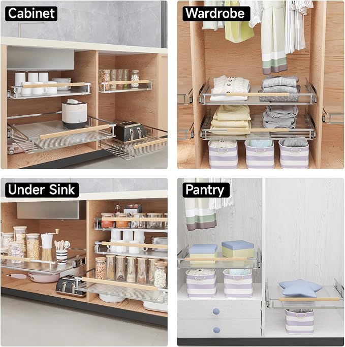 Expandable Pull Out Cabinet Organizer, 23.2"-39.9" W x 22.5''D | 1Pack, Stainless Steel Slide Out Drawers, Heavy Duty Drawer Slides, For Kitchen Pantry Cupboard Pots Pans, Adjustable Width