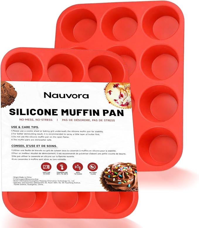 Silicone Muffin Tray - 12 Cups Cupcake Pan, NonStick Flexible Silicone Muffin Cups for Blueberry Muffin, Chocolate Cupcake, Egg Bite, BPA Free, Dia 2.36 Inches 4.5mm Thickness, 2 Pack
