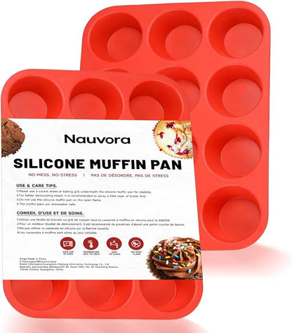 Silicone Muffin Tray - 12 Cups Cupcake Pan, NonStick Flexible Silicone Muffin Cups for Blueberry Muffin, Chocolate Cupcake, Egg Bite, BPA Free, Dia 2.36 Inches 4.5mm Thickness, 2 Pack