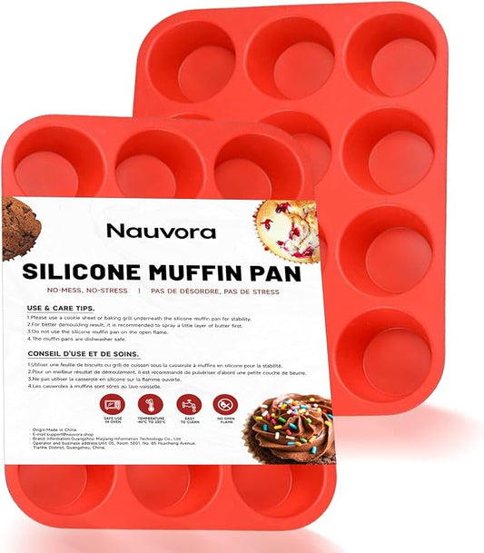 Silicone Muffin Tray - 12 Cups Cupcake Pan, NonStick Flexible Silicone Muffin Cups for Blueberry Muffin, Chocolate Cupcake, Egg Bite, BPA Free, Dia 2.36 Inches 4.5mm Thickness, 2 Pack
