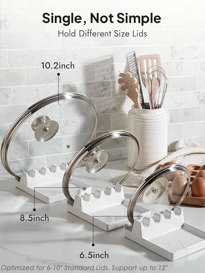 LE TAUCI Ceramic Spoon Rest with Lid Holder for Stove Top, Multi-Utensil Spoon and Pot Lid Rest for Kitchen Counter, 6.2" Heavy Duty Spatula Ladle Holder with Drip Pad, Kitchen Gadgets, White