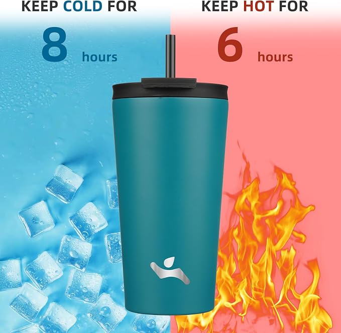 Konokyo 18 OZ Insulated Tumbler with Lid and 2 Straws Stainless Steel Water Bottle Vacuum Travel Mug Coffee Cup,Blue
