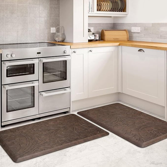 KMAT 2PCS Kitchen Mat Cushioned Anti-Fatigue Floor Mat,Waterproof Non-Slip Standing Mat,Ergonomic Comfort Floor Mat Rug for Home,Office,Sink,Laundry,Desk(17.3"x28"+17.3"x28",Brown)