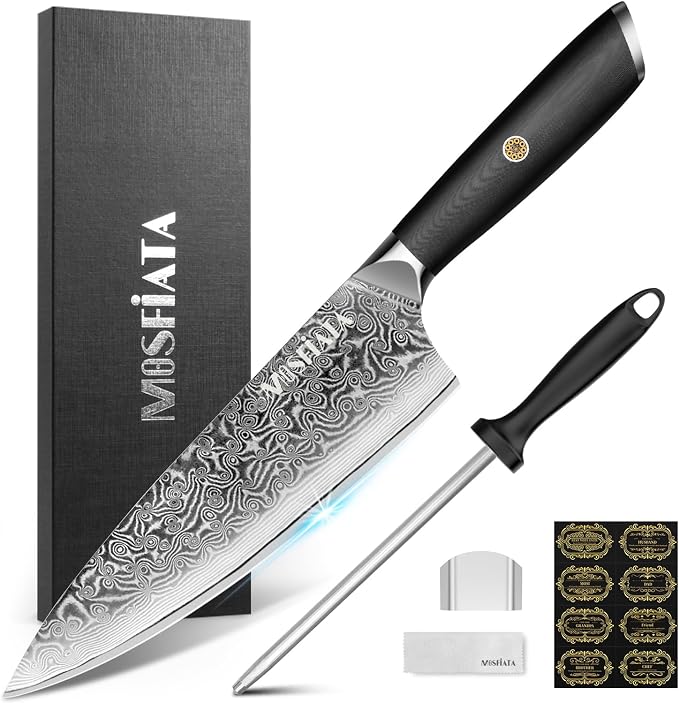 MOSFiATA Damascus Chef Knife 8", Professional Sharp Kitchen Knife 67 Layers Damascus Stainless Steel VG10 Core, Chef's Knives Chopping Cooking Knife Set with Ergonomic G10 Handle Sharpener Gift Box