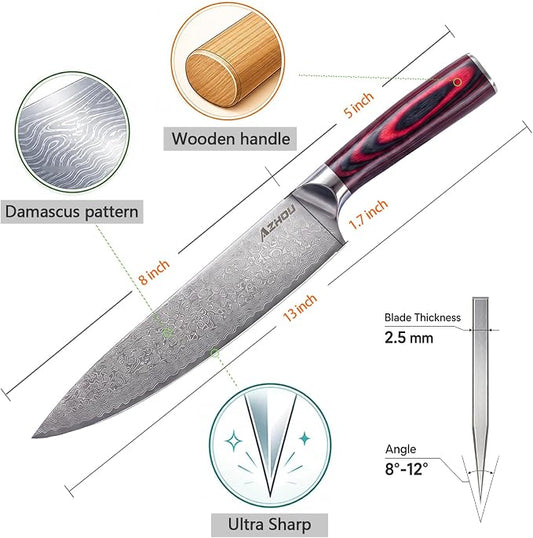 Azhou 8 Inch Damascus Chef Knife, 10Cr15CoMoV High Carbon Stainless Steel Core, Professional Kitchen Knife with Ergonomic Wood Handle, Gift Box for Men Women