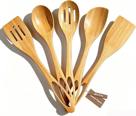 Premium Bamboo Utensils - Smooth Bamboo Spoons for Cooking,Wooden Cooking Utensils Set of 5,Apartment Bamboos Spatula for Nonstick Pan,House Warming Gifts New Home