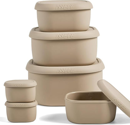 ISSEVE 6Pcs/Set Nesting Silicone Food Storage Containers with Lids, BPA Free Reusable Meal Prep Silicone Containers Lunch Box Bento Box Set (33.8oz, 20oz, 10oz, 6.7oz, 1.3oz) (Beige)