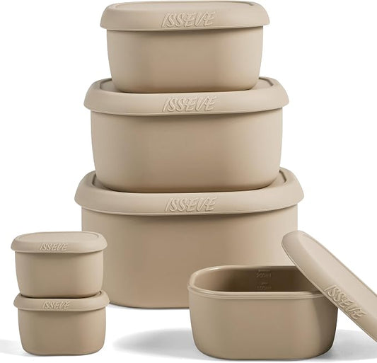 ISSEVE 6Pcs/Set Nesting Silicone Food Storage Containers with Lids, BPA Free Reusable Meal Prep Silicone Containers Lunch Box Bento Box Set (33.8oz, 20oz, 10oz, 6.7oz, 1.3oz) (Beige)
