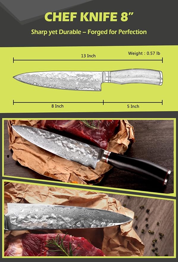 YOUSUNLONG Chef's Knife - 8 Inch Gyuto Kitchen knives - Razor Sharp Knife - Japanes Hammered Damascus Steel - Natural Ebony Handle with Leather Sheath