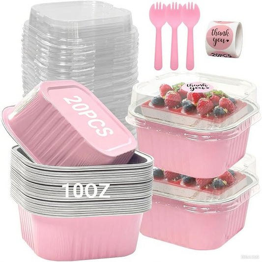20 Pack 10oz Pink Mini Cake Pans With Lids, Aluminum Foil Square Brownie Baking Cups,Disposable 4”x4” Large Cupcake Pan,Jumbo Muffin Tin Ramekins Holders