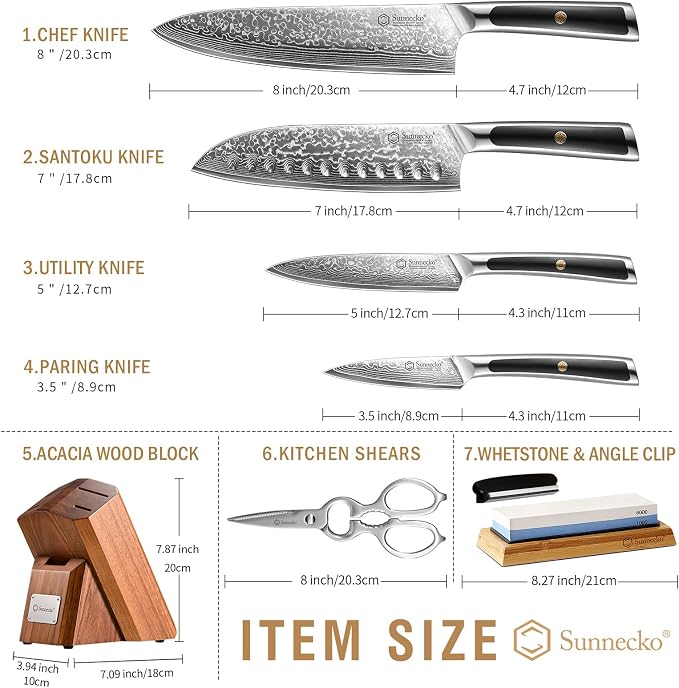 Sunnecko Damascus Knife Set with Block,67-Layer Damascus Steel Kitchen Knife Set with VG-10 Core,Full Tang 7 PCS Japanese Chef Knives with 15° Precision Edge,Professional Chef Knife Set for Kitchen