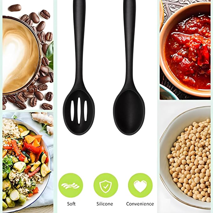 Silicone Cooking Spoons Set of 2,10.6 inch Non Scratch Solid and Slotted Spatula Spoons for Baking, Cooking, Serving, Dishwasher Safe, Heat Resistant Kitchen Utensils (Black)