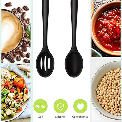 Silicone Cooking Spoons Set of 2,10.6 inch Non Scratch Solid and Slotted Spatula Spoons for Baking, Cooking, Serving, Dishwasher Safe, Heat Resistant Kitchen Utensils (Black)