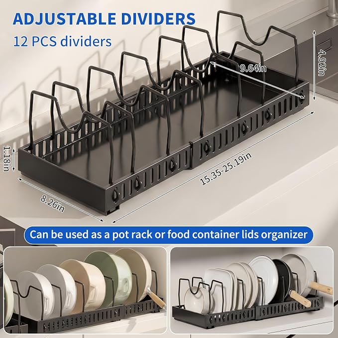 Pull-Out Pots and Pans Organizer, Expandable Lid Rack Pans Organizer Under Cabinet with 12 Adjustable Dividers, Storage Rack for Cookware, Spice, Cutting Board, Dishes, Baking Tray, Lid (Black)